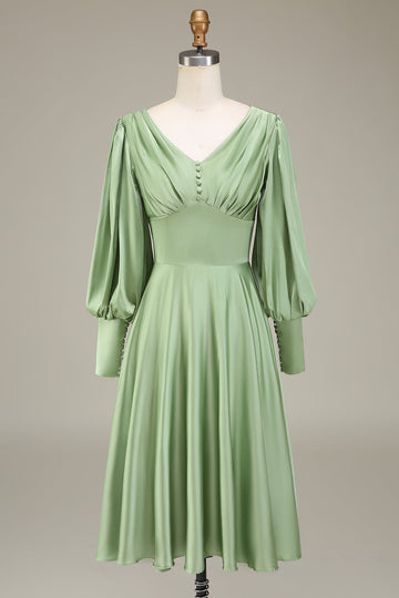 Matcha A-Line V-Neck cetim vestido de dama de honra com mangas compridas